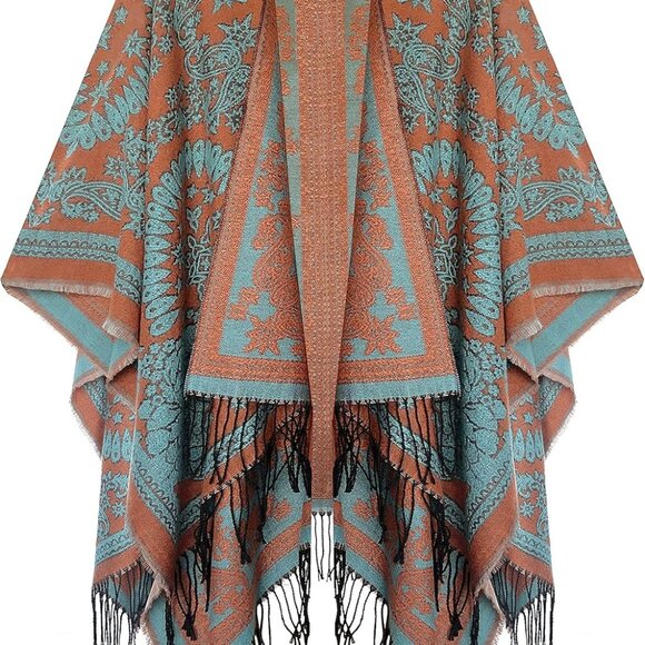 Women's Printed Tassel Open front Poncho Cape Cardigan Wrap Shawl - Picture 1 of 6